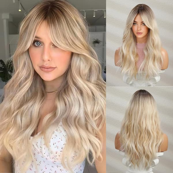 Lång blond peruk för kvinnor, syntetisk peruk med lugg