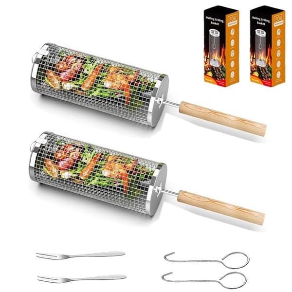 2-pak 304 rustfrit stål udendørs BBQ-kurv med træhåndtag, stålgreb, krog, til camping kulgrill