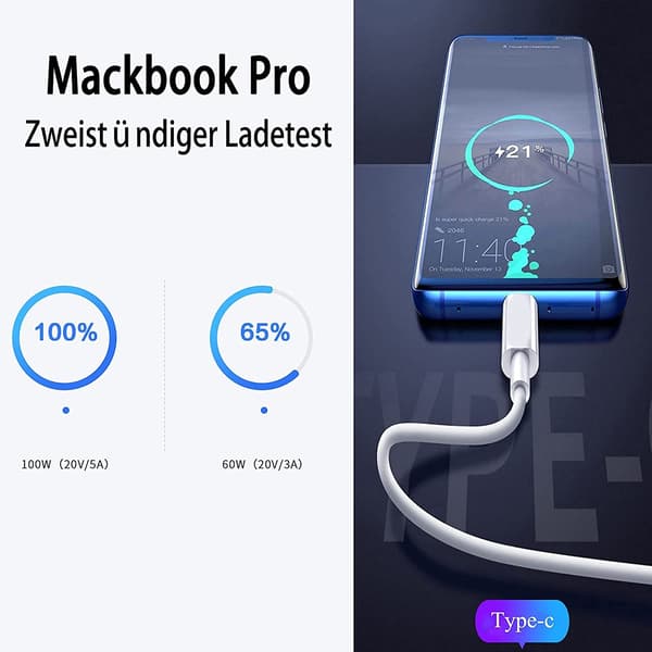2M 60W 3A Snabbladdningskabel USB-C till USB-C Typ C PD - Vit