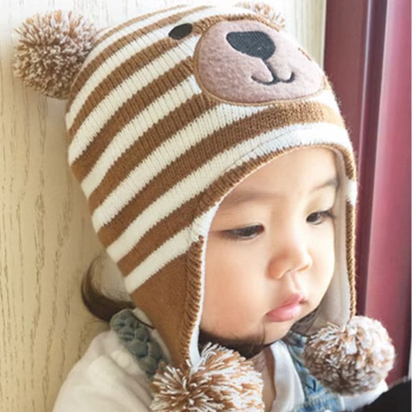Baby Vinterfleecefodrad mössa Stickad öronlapp Barnkepsar Toddler för baby med Pom Pom