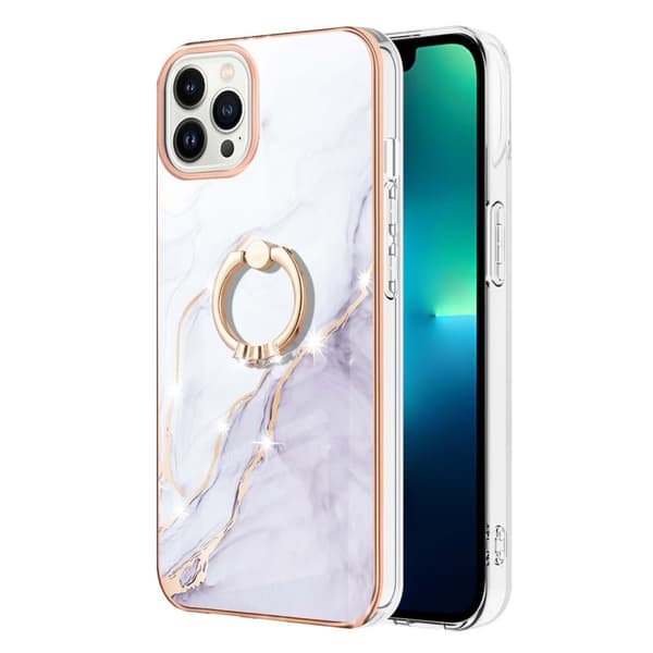 TPU iPhone 15 Pro Ringholder Telefondeksel, Hvit Marmormønster