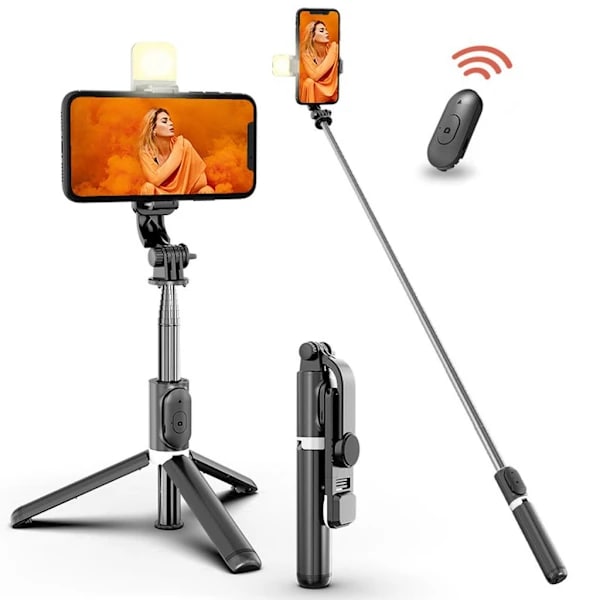 Trådløs Bluetooth Selfie Stick med Lys Sort one size