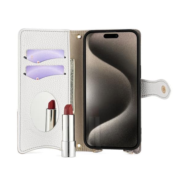 Plånboksfodral med spegel och kedja för iPhone 16 Plus - Vit