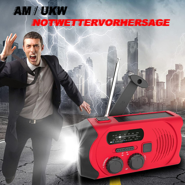 fluky Solar Radio AM/FM Kurbelradio Tragbar USB Wiederaufladbar Notfallradio med 2000mAh Power Bank, Led Taschenlampe, SOS Alarm och Handkurbel