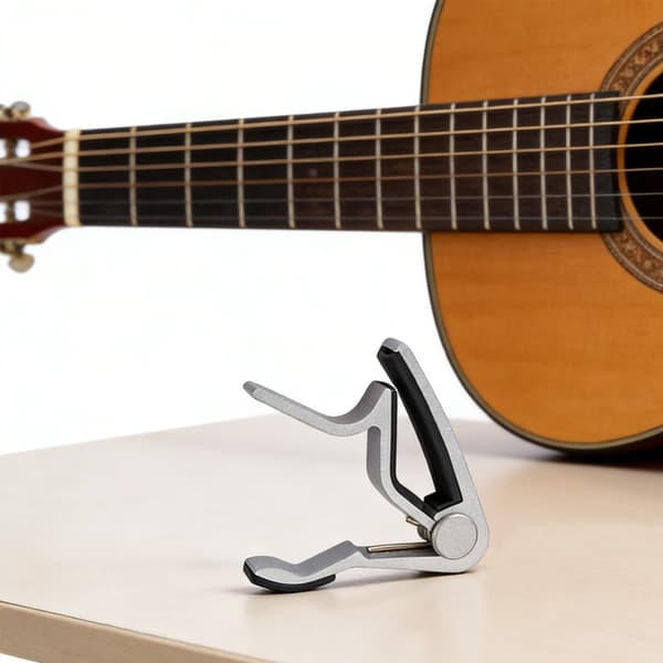 Gitar-capo i aluminiumslegering, egnet for akustiske gitarer, sølv.