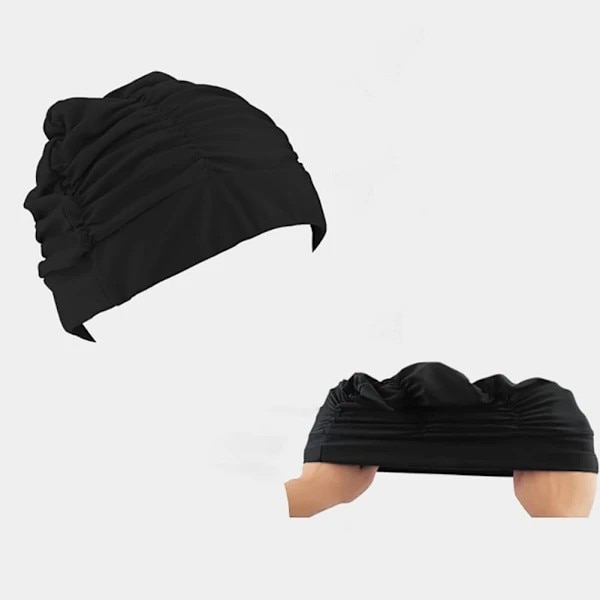 Dame plisseret badehætte, badehætte til langt hår, super elastisk badehætte, strand surfinghætte, behagelig badehætte (sort)