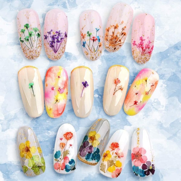 2 lådor torkade blommor för nail art, 24 färger torra blommor Mini riktiga naturliga blommor Nail art 3D applikationer Nageldekoration klistermärke för tips