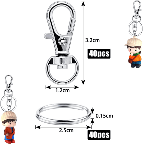 40-pakning nøkkelringer og ringer med karabinkrok Sølv Sølv