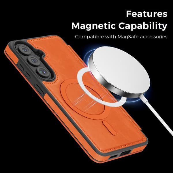 Samsung Galaxy S26+ / S26 Plus 5G nahkakotelo MagSafella, oranssi