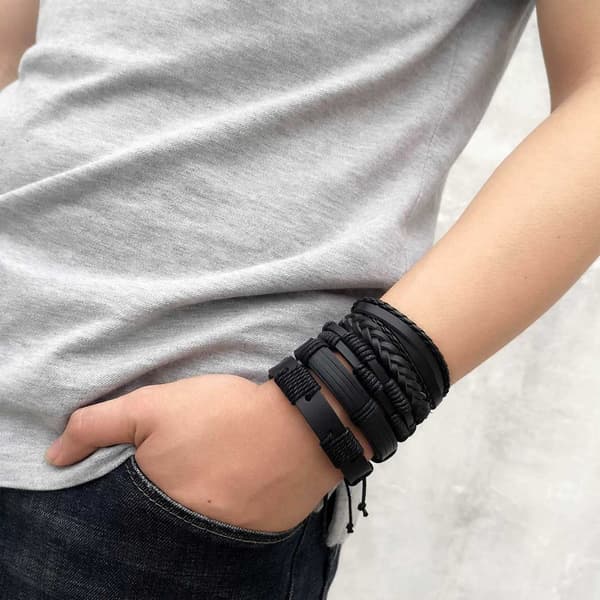 5-delt sæt håndlavede armbånd til mænd i ægte læder, sort