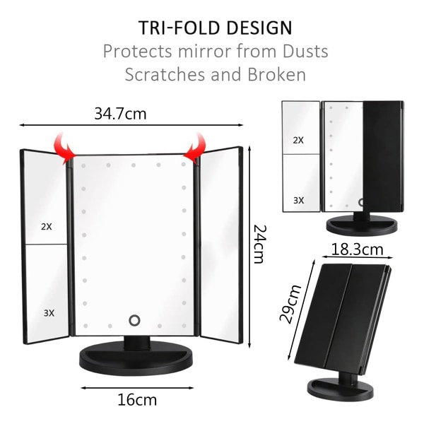 Sminkningsspegel med lampor 22 LED-sminkspegel med 2x/3x förstoring, pekskärm, bärbar belyst sminkningsspegel 180 graders rotation