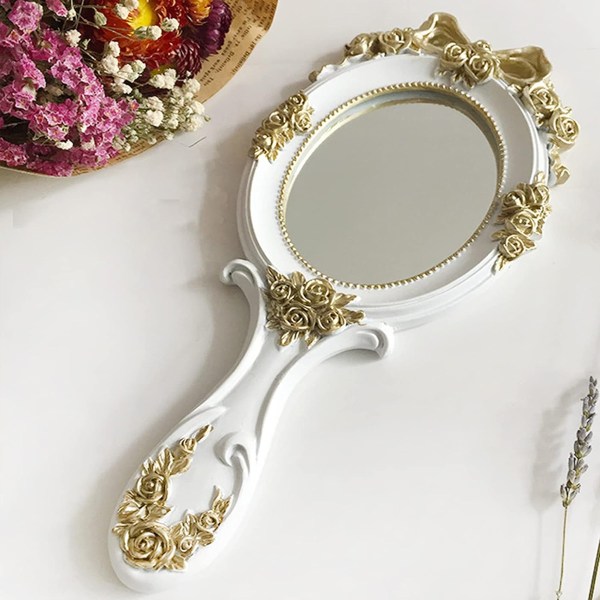 Handhållen spegel Makeup-sminkspegel Reseprinsessan Sminkspegel i metall Bärbara präglade speglar Dekorativa（Vita）