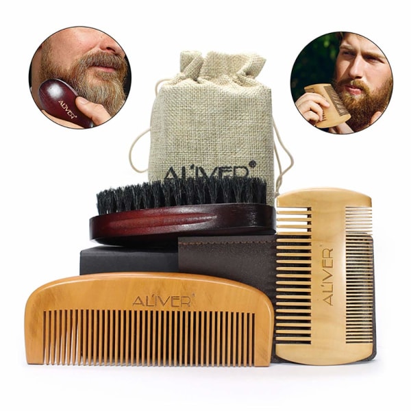 3-delad skäggborste och set för män, naturlig vildsvinsborste och träkam, med åkpåse och läderslida och låda