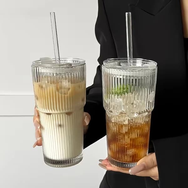 3-pack med 550-600 ml kaffekoppar i glas med lock och sugrör - multifunktionella drickskoppar