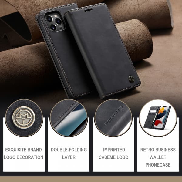 CaseMe 013 Series læderetui til iPhone 13, sort sort