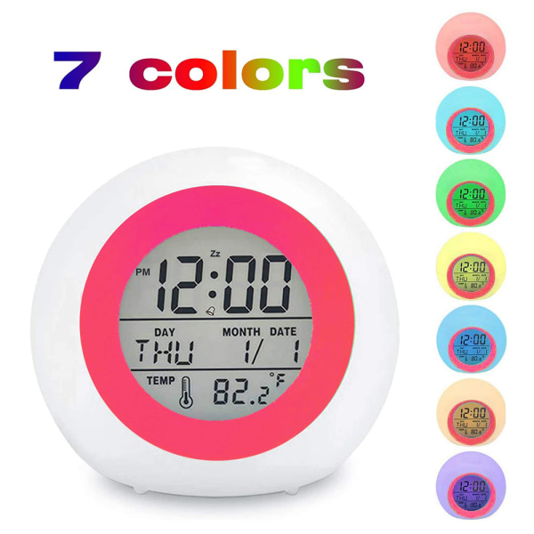 Student digital klocka för pojkar, flickor, 7 färger växlande ljus sängklocka för barns sovrum, inomhustemperatur Touch Control Snoozing för