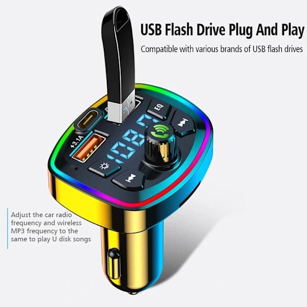 2023 Bil Bluetooth 5.3 FM-sender med forbedrede dobbelte mikrofoner for dybere bas, 48W PD & QC3.0 Biloplader Bluetooth-adapter