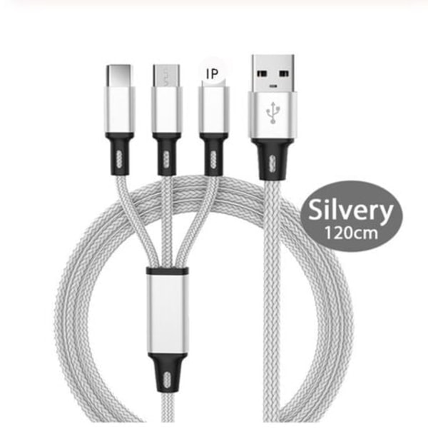 Multiladdningskabel, 3-pack, 120 cm 3-i-1 nylonflätad USB-kabel med USB C-kabel, Micro USB-kabel, kompatibel med iPhone, Android USB-laddning