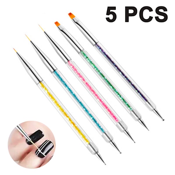 5 st Nail Art Liner Penslar, Nail Art Point Drill Ritning Pensel Dubbeländad Dotting Verktyg Set, Dubbeländad Målning Nageldesign Pensel Inkluderar