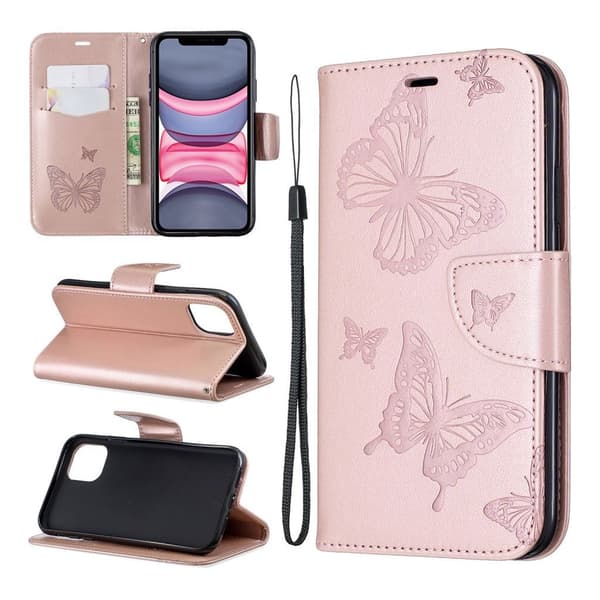 Fjäril läder iPhone 11 fodral - Rosa Rosa