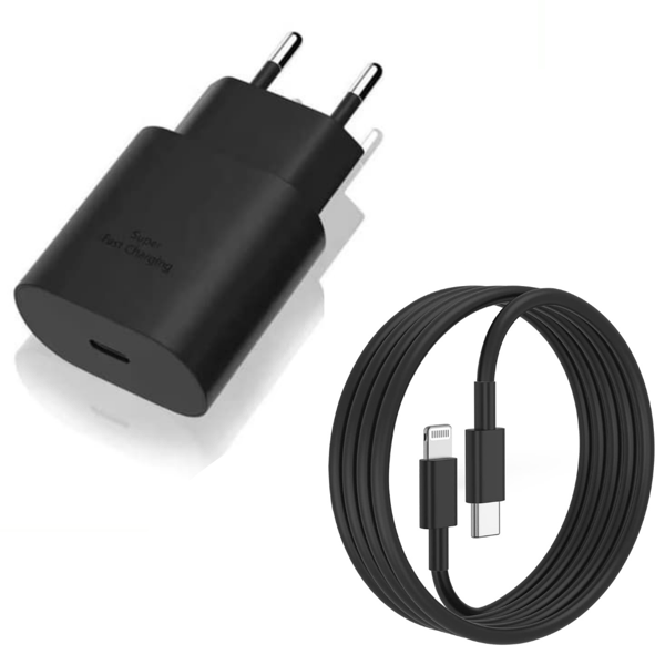 iPhone Hurtigoplader 25W USB-C Adapter + 2M Lightning Kabel SORT