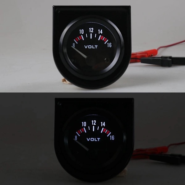 Universal analog 12V 2-tommer 52mm voltmeter, auto-område 8-16V, sort LED-indikator.