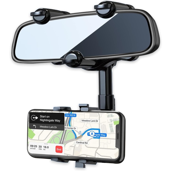 Backspegeltelefonhållare för bil, 360° roterande backspegeltelefonfäste med justerbar armlängd, multifunktionell telefon och GPS-hållare