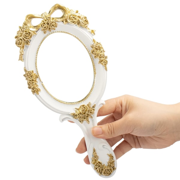 Handhållen spegel Makeup-sminkspegel Reseprinsessan Sminkspegel i metall Bärbara präglade speglar Dekorativa（Vita）