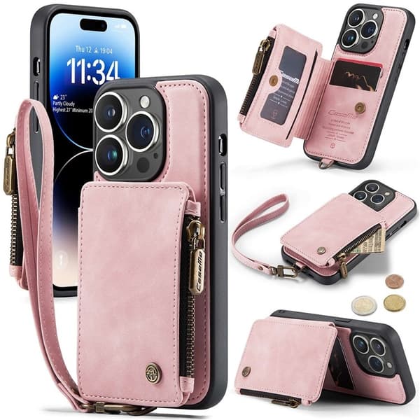 iPhone 14 Pro Max Plånboksfodral C20 med Dragkedjestativ - Rosa