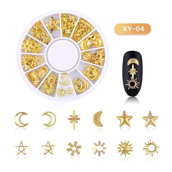 1 lådor Nail Art Strass, 3D Nail Art dekorationer, Mix Size Nagelpärlor Glitter Strass Guld Metall Hollow Nit Nail Art Star Moon Sun Nail