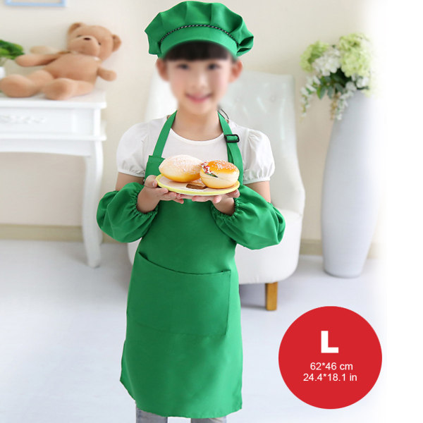 Barn Målarförkläde Barn Matlagningsförkläde Set Förkläde + hatt + ärmar L storlek (grön)