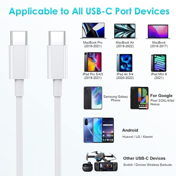 2 x 60W hurtigladekabel USB-C - USB-C for iPhone 15 /16 Samsung osv.