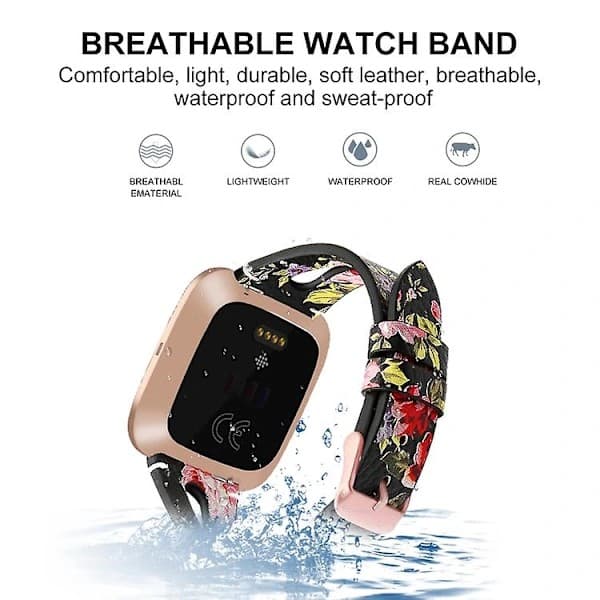 Fitbit Versa 2 læderur med et sort og lyserødt blomstermønster i midten.