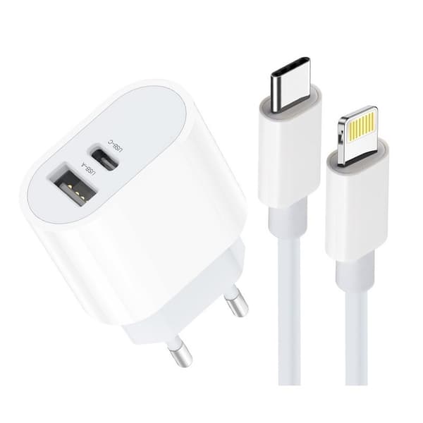 iPhone Hurtigoplader Dobbeltport USB-C Strømadapter med Opladerkabel Hvid