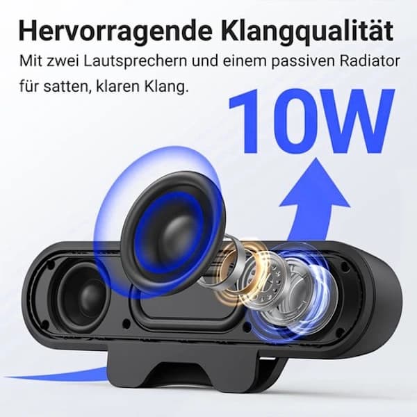 Mini bærbar højttaler / soundbar, 10 watt, USB-interface, kompatibel med bærbare computere, sort.