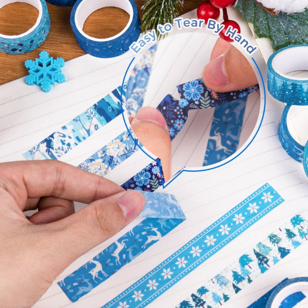 Set 10 rullar - blå vit jultejp Dekortejp för Bullet Journal, DIY-konst och hantverk, scrapbooking, presentinpackning