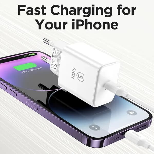 SiGN iPhone USB-C PD Hurtiglader 20W med USB-C til Lightning-kabel, 2m - Hvit