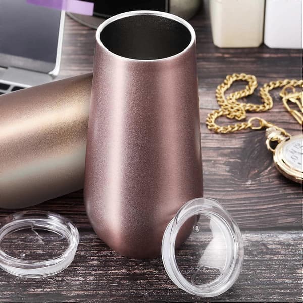 Champagneglas, stilkløse fløjteformede, 6-delt sæt, dobbeltvæggede isolerede mini cocktailglas i rustfrit stål, rosaguld, velegnet til kaffe a