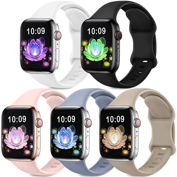 5 st armband kompatibel med Apple Watch armband 38mm 40mm 41mm 42mm 44mm 45mm dam herr, mjukt silikonersättningsarmband