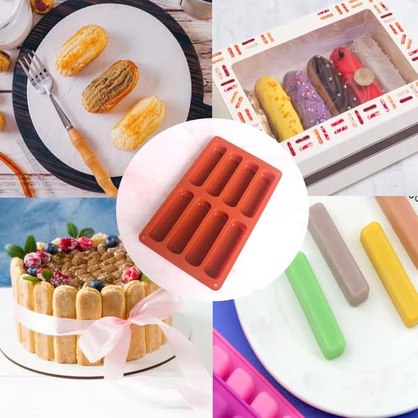 Två rektangulära silikonformar, silikonremsformar, remsbakformar, används för att göra pinnar, muffins, tvålar och hartser.