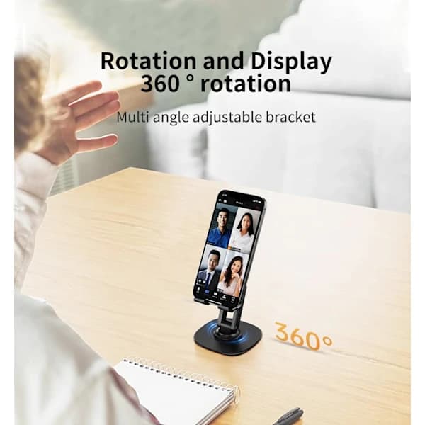 360° skrivebords telefonstativ, bærbart sammenleggbart kontor telefonstativ, justerbart, svart.