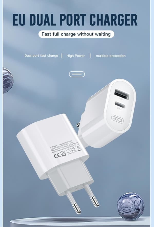 iPhone Hurtigoplader Dobbeltport USB-C Strømadapter med Opladerkabel Hvid
