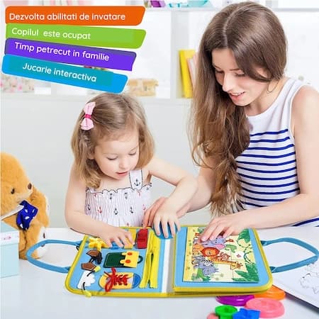 Sensorisk interaktiv leksak, Busy board textil, Montessori, Bokväska, För resor, blå