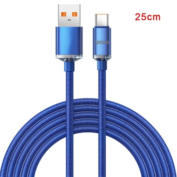 120W USB Type C-kabel 6A Hurtiglading Type C-kabler Hurtiglading Blå 25CM