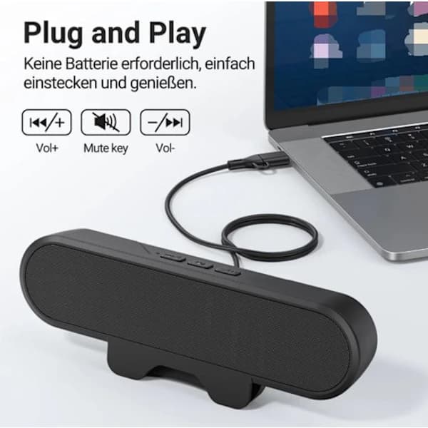 Mini bærbar højttaler / soundbar, 10 watt, USB-interface, kompatibel med bærbare computere, sort.