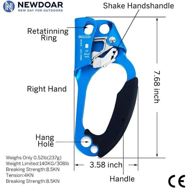 Klätterträd Arboristutrustning Ergonomisk Caliper Rak Handascender för 8-13 mm rep