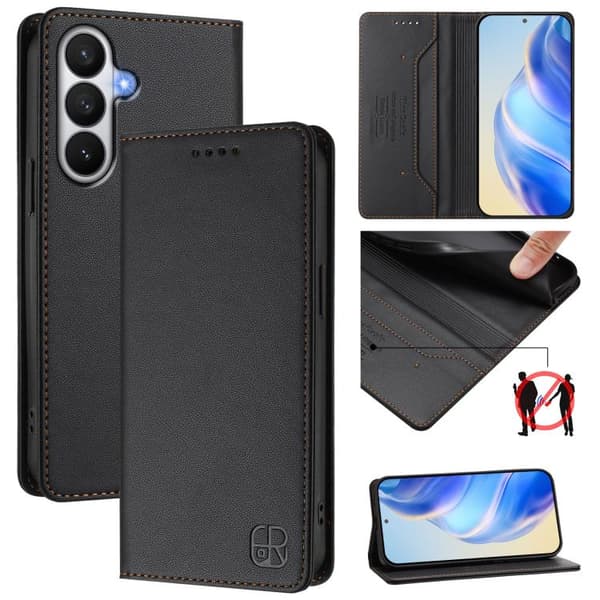 Samsung Galaxy S26 5G Dobbeltfoldbart Magnetisk Telefoncover, RFID Tyverisikret Lædermateriale, Sort
