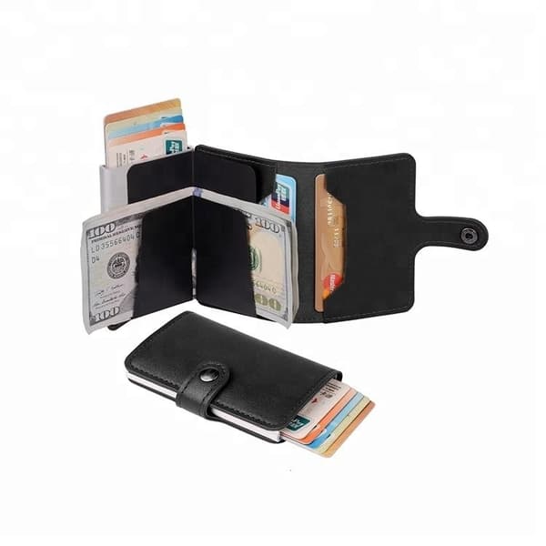 Pop Up Kortholder Aluminium Læder RFID & NFC Beskyttelse Seddelrum Sort