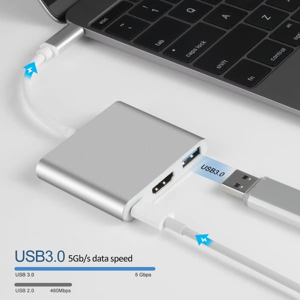 3-i-1 USB-C-hub med HDMI, USB 3.0 og PD-ladefunksjoner.