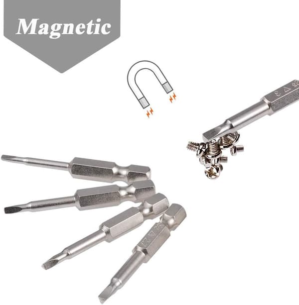 5-delad uppsättning triangulära skruvmejselbits, storlekar 1,8/2/2,3/2,7/3 mm, magnetiska; 1/4-tums sexkantskaft triangulära borr S2 50.
